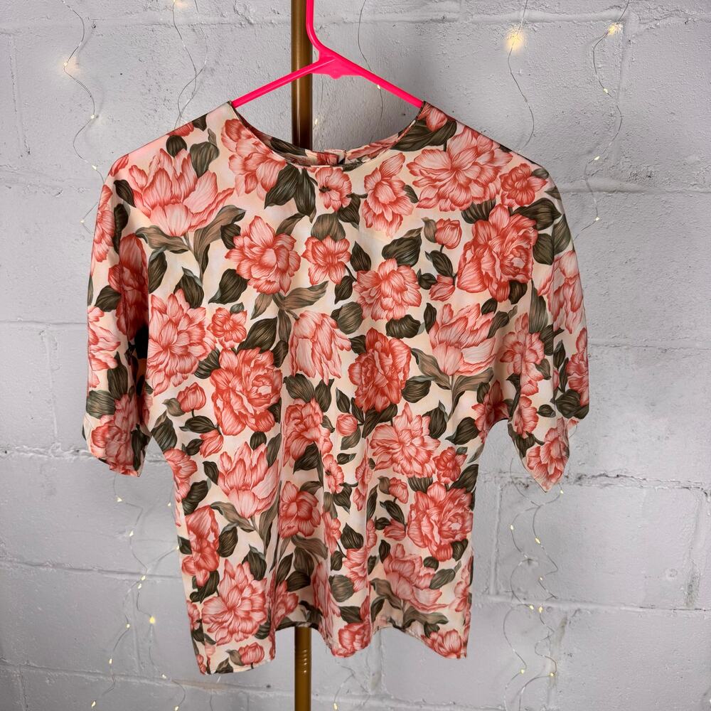 vintage 80s 90s floral blouse made in USA short sleeve pink green